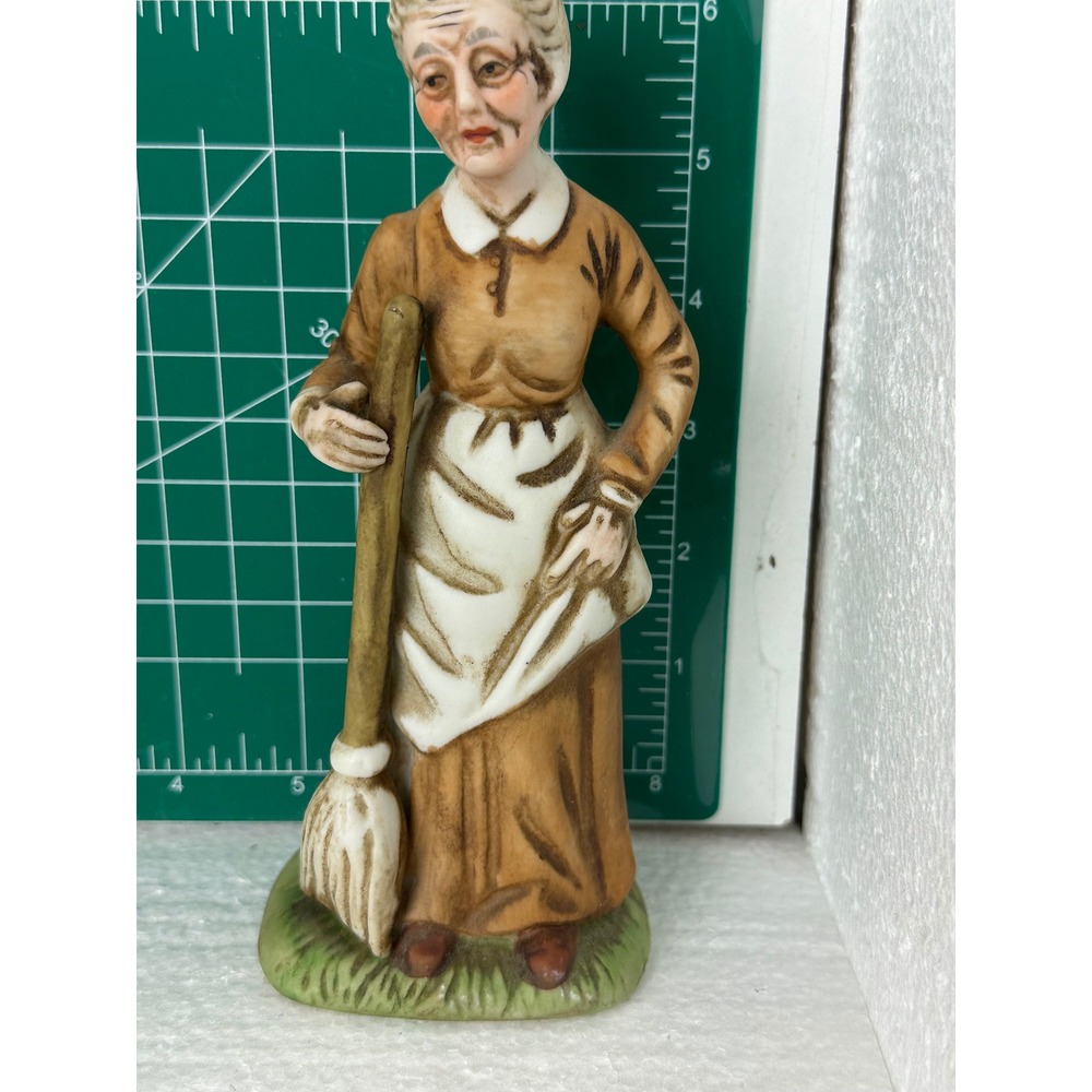 Vintage Old Woman Ceramic Figurine Lady Housekeeper with Broom Collectible Decor